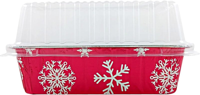PACTOGO 2 lb. Disposable Red & Silver Holiday Christmas Snowflake Aluminum Foil Standard Size Loaf/Bread Baking Pans with Clear High Dome Lids (Pack of 6) - Image 5